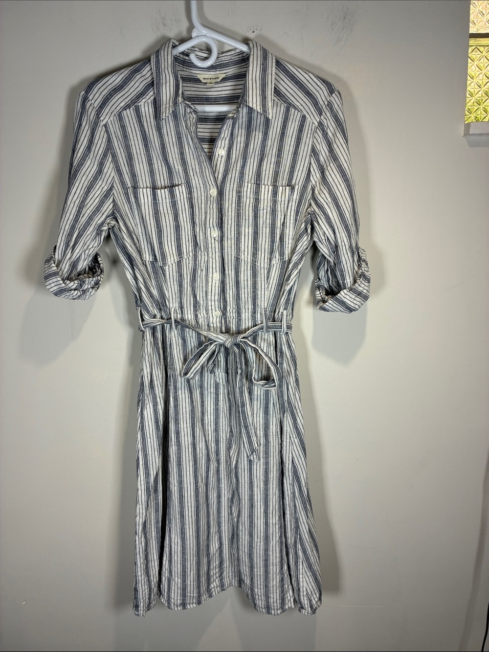 Max Studio Linen Blend Stripe Shirt Dress Blue White Tie Waist Large - Picture 2 of 7